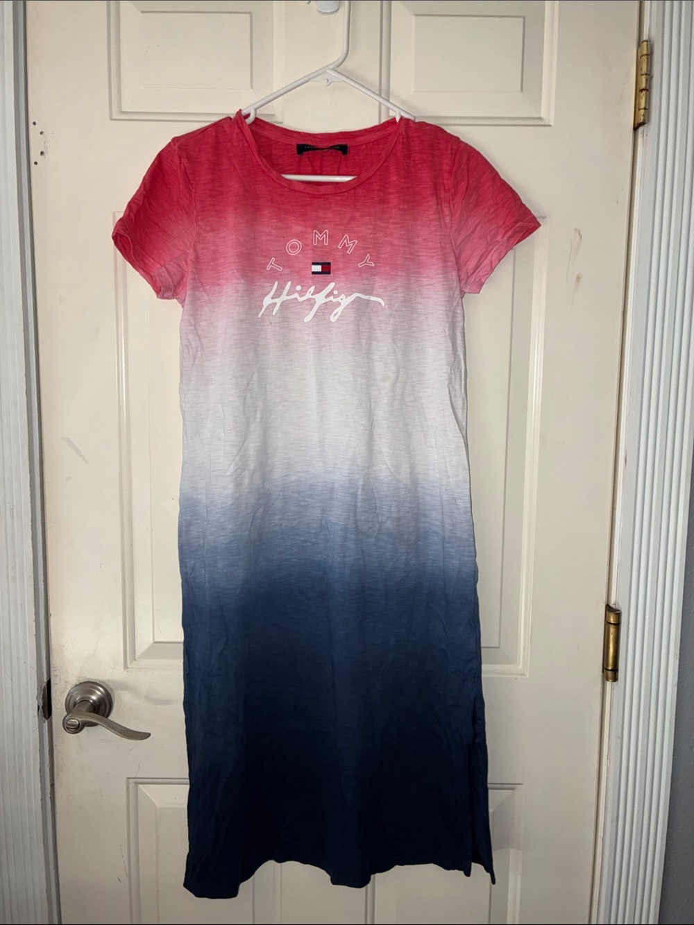 Tommy Hilfiger Red White Blue Ombre Maxi Tee Dress with small side splits